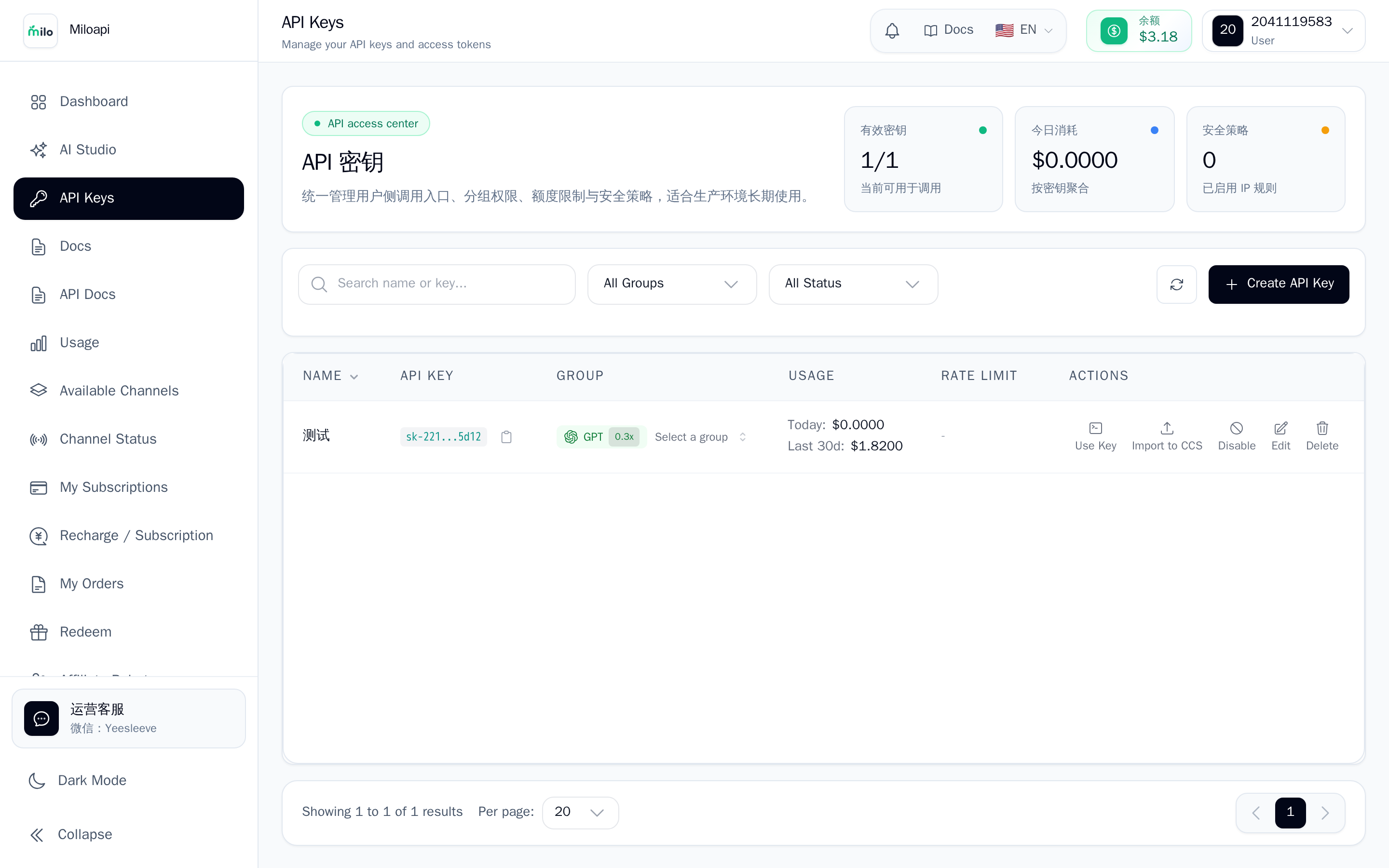 API 密钥页面